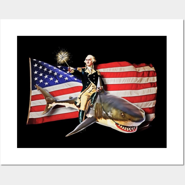 George Washington Riding a Shark American Flag Wall Art by HolidayoftheWeek